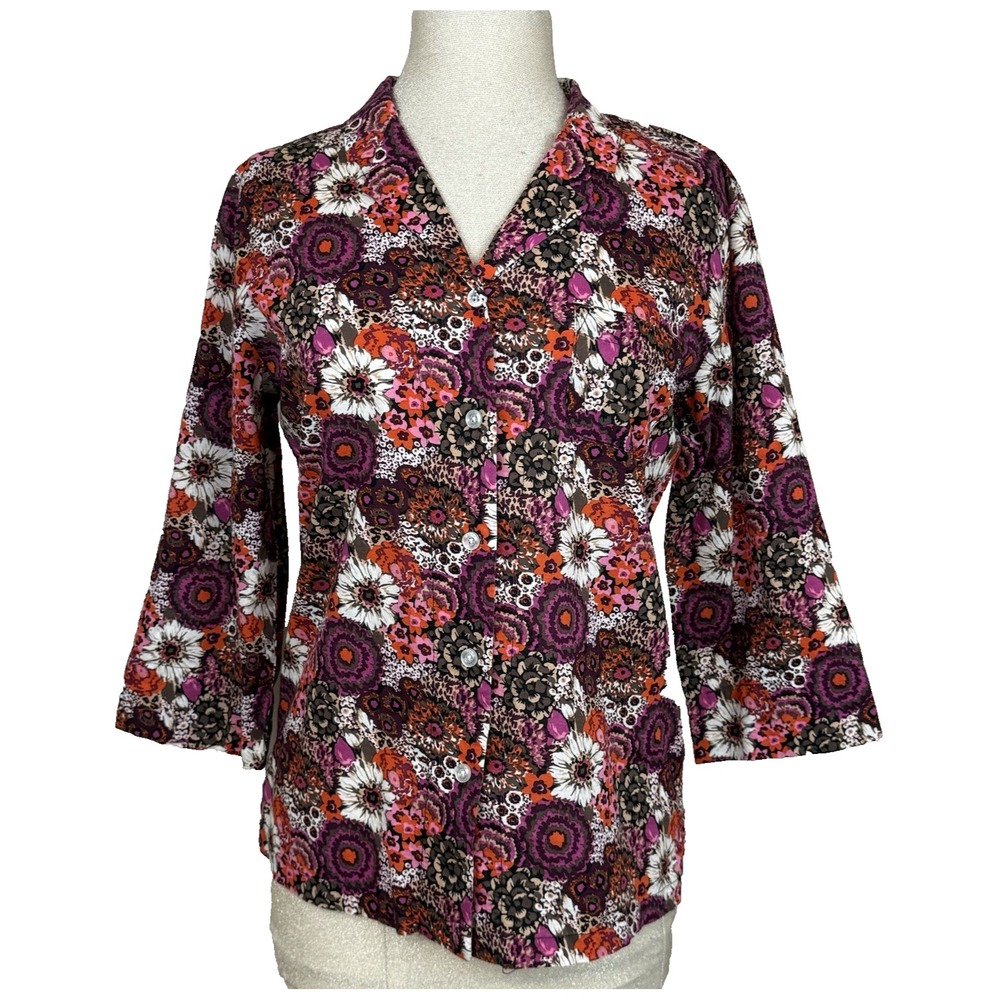Vera Bradley Rosewood Pajama Top Shirt S Cotton Button Front Long‎ Sleeve Floral